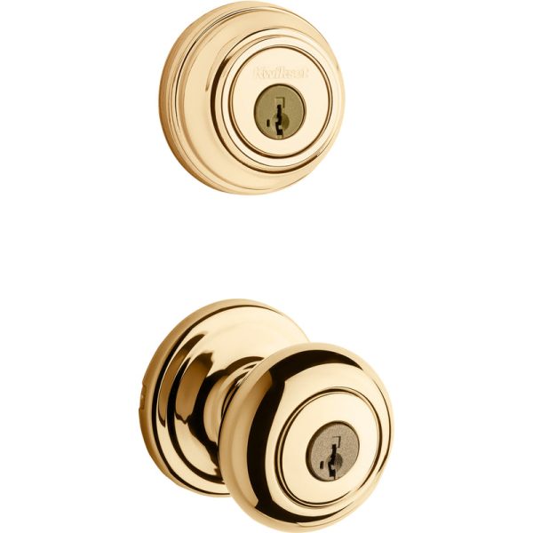 Kwikset SmartKey Juno Polished Brass Entry Knob and Single Cylinder Deadbolt KW1 1-3 4 in. Online now